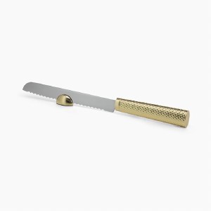 Picture of Challah Knife Silver Plated Gold 
Honeycomb Handle Serrated Blade by Hazorfim